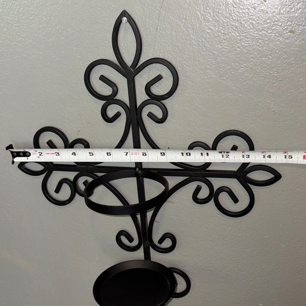 Black Wrought Iron Fleur De Lis Cross Wall Sconce Pillar Candle Holder 19in - Picture 9 of 16